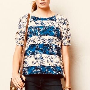 Anthropologie Postmark Blue Cream Floral Splatter Top Shirt, Medium